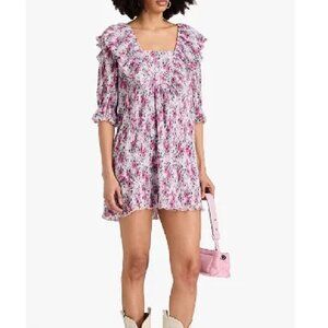 GANNI Pink Shirred Floral Print Peasant Crepon Mini Dress Women's EUR 32